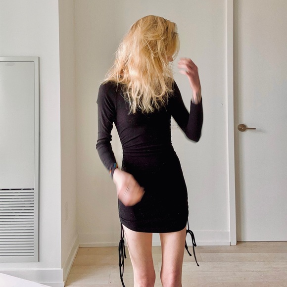 Steve Madden Mini Bodycon Small Black Cinch-Tie Long-sleeved Dress - Picture 10 of 11